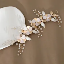 Arranjo Tiara Pérolas Cabelo Flores Noivas Madrinhas Dourado Foto mini 4