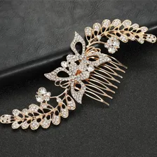 Arranjo Tiara Strass Noiva Madrinha Luxo Brilhoso Borboleta Cor Dourado Foto mini 3