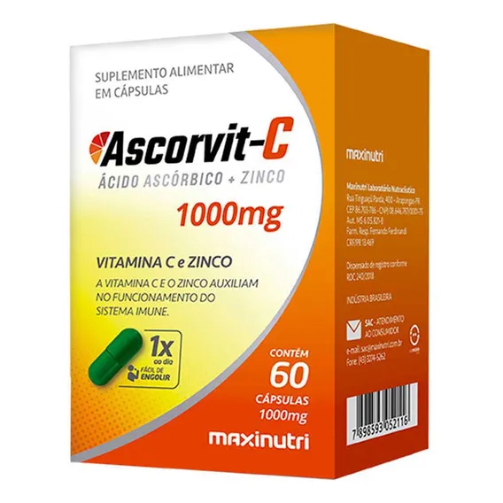 Ascorvit Vitamina C + Zinco 1000mg 60 Cápsulas Maxinutri Foto 1