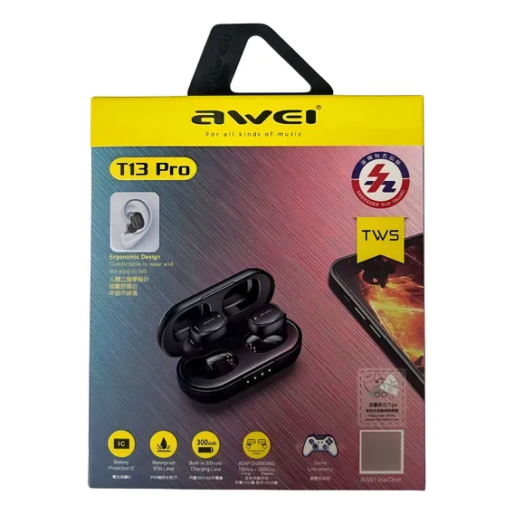 Awei T13 Pro Fone Sem Fio De Qualidade Resistente A Agua Cor Preto Foto 1
