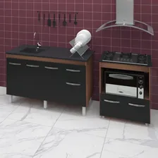 Balcão Cooktop 5 Bocas Forno Elétrico E Gabinete Armário Pia Cor Savana Com Preto Foto mini  2