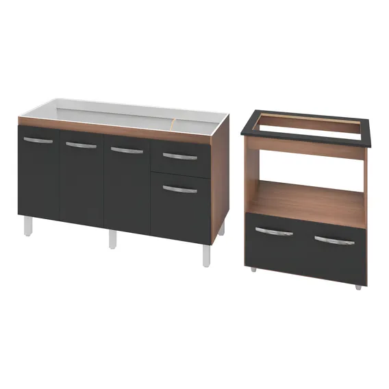 Balcão Cooktop 5 Bocas Forno Elétrico E Gabinete Armário Pia Cor Savana Com Preto Foto 1