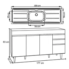 Balcão Gabinete Cozinha Com Pia Inox 180cm Dallas Lumil Cor Preto/Cinza Foto mini 4