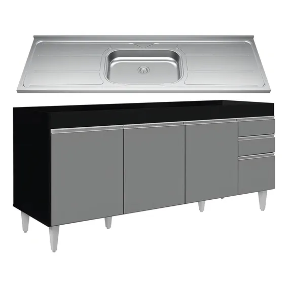 Balcão Gabinete Cozinha Com Pia Inox 180cm Dallas Lumil Cor Preto/Cinza Foto 1