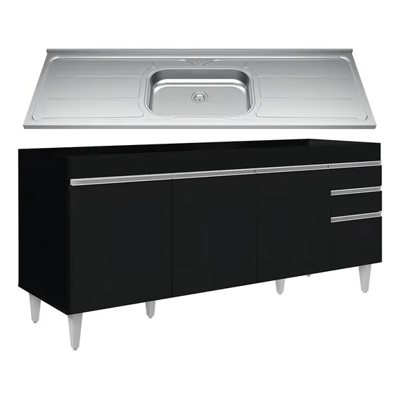 Balcão Gabinete Com Pia 180cm Dallas Preto - Lumil Foto 1