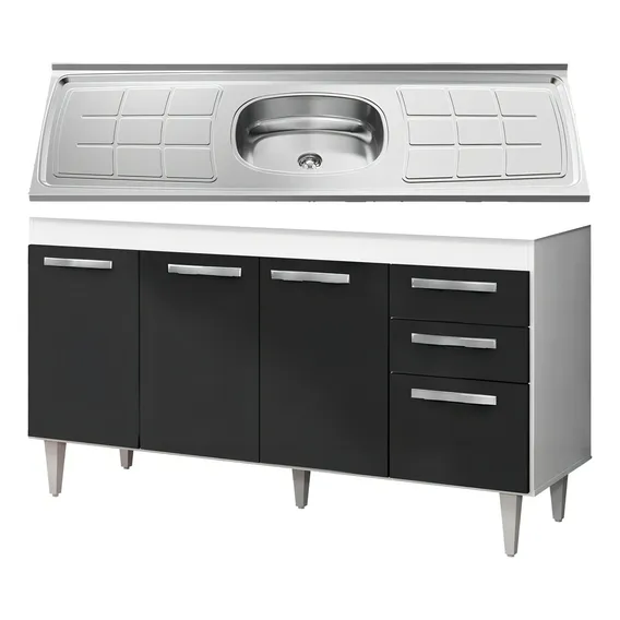 Balcão Gabinete Lisboa C/ Pia Inox 150cm 4 Pts Branco/preto Cor Branco Foto 1