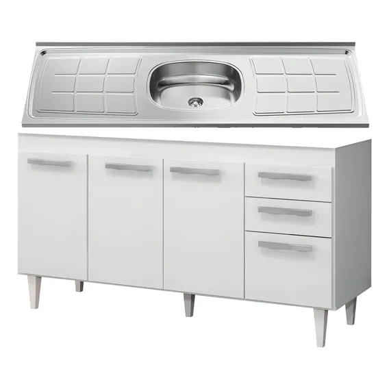 Balcão Gabinete Lisboa Com Pia Inox 150cm Armário Branco Foto 1
