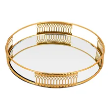 Bandeja Decorativa Redonda Dourada Em Metal Com Espelho 20cm Cor Dourado Foto mini 1