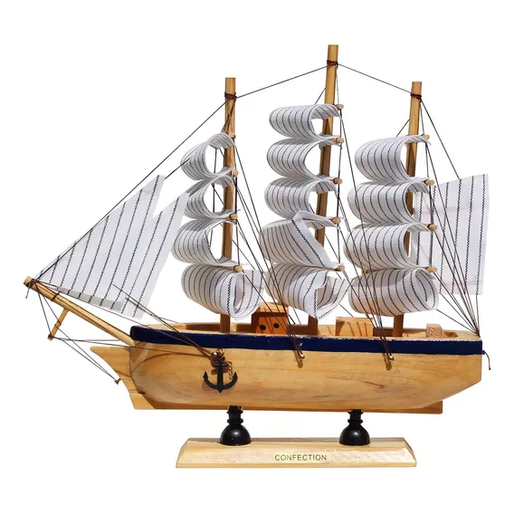 Barco De Madeira Caravela Navio Miniatura Cor Bege/azul Marinho Foto 1