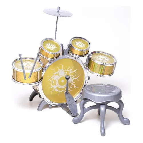Bateria Infantil Rock Party Com Banquinho Banqueta Meninos Cor Dourado Foto 1