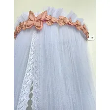 Berço de Luxo Dossel Parede Laço E Flor Com Mosquiteiro Tule Renda Cor Borboleta Foto mini 3