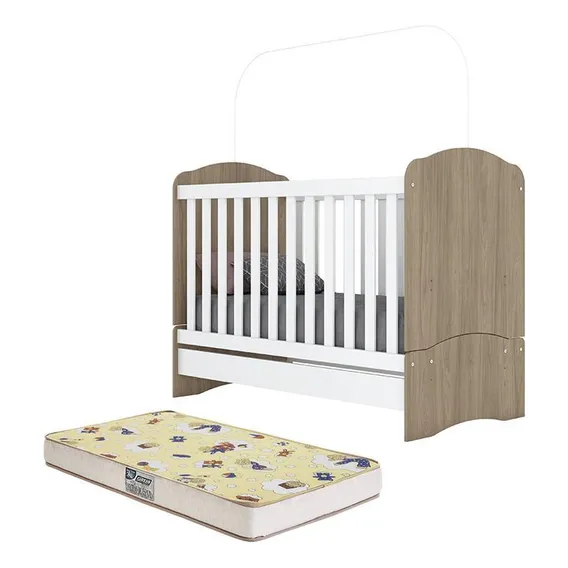 Berço Mini Cama Bala De Menta Com Colchão - Móveis Henn Cor Rústico/Branco Foto 1