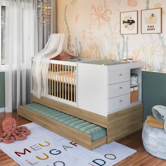 Berço Multifuncional Cama Auxiliar Aveiro Oak/branco Foto 1