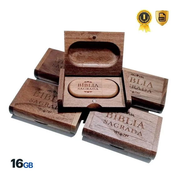 Bíblia Sagrada Pendrive Mp3 Caixa Madeira 16gb Cor Marrom Foto 1