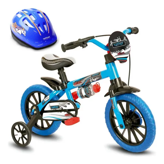 Bicicleta Criança Aro 12 Veloz Com Capacete Azul Nathor Foto 1