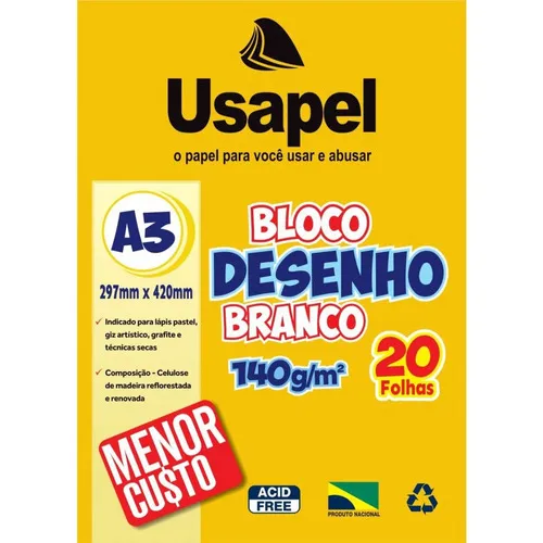 Bloco Desenho Branco A3 140g 20 Folhas Usapel Foto 1