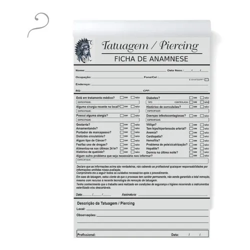 Bloco Ficha Anamnese Tatuagem Tatoo Tatuador Piercing 100 Foto 1