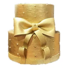 Bolo Fake Dourado Casamento / Noivado / Bodas Laço Pérolas E Foto mini 1