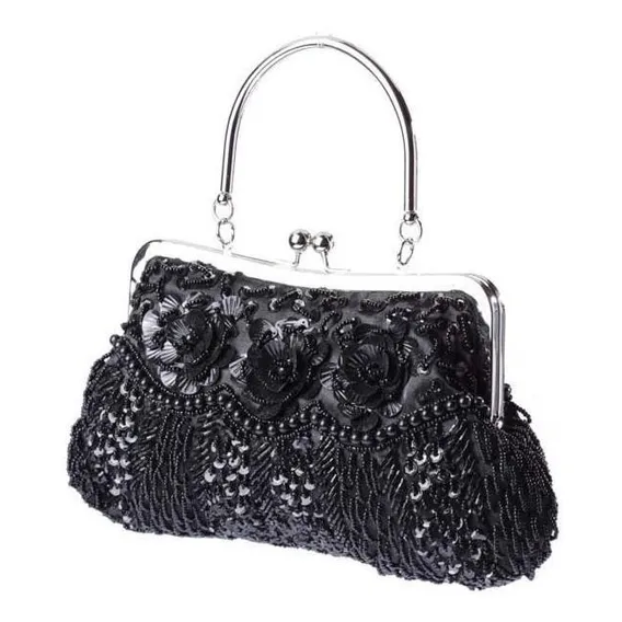 Bolsa Bordada Com Miçangas E Pedrarias Preta A14,3xc27cm Foto 1