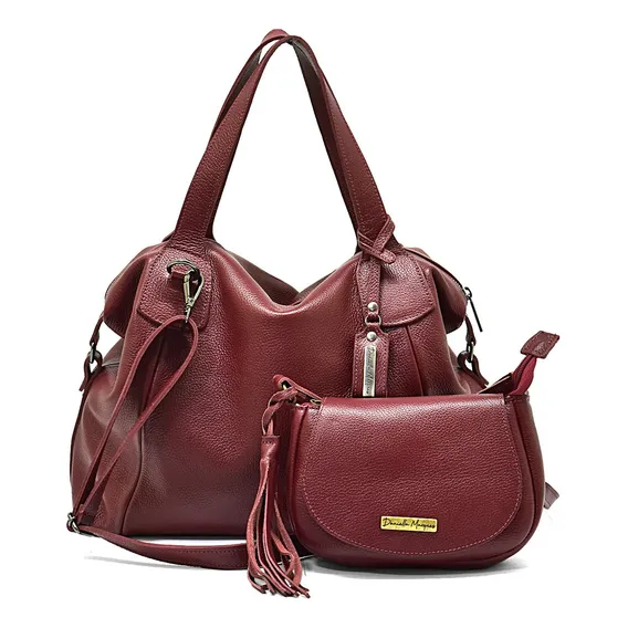 Bolsa Feminina Couro Legitimo+bolsinha Pequena Kit 2 Peças Cor Bordô Foto 1
