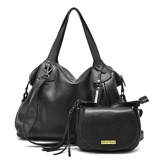 Bolsa Feminina Couro Legitimo+bolsinha Pequena Kit 2 Peças Cor Preto Foto 1