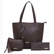 Bolsa Feminina Grande Couro Legitimo+ Bolsinha +carteira Cor Marrom Foto mini 1