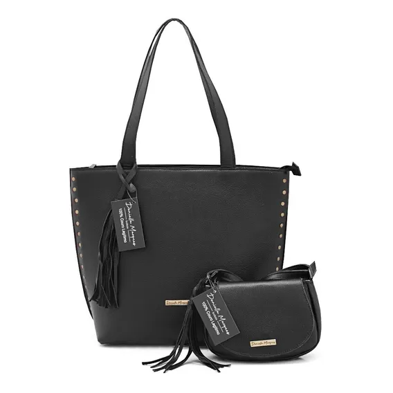 Bolsa Feminina Grande E Pequena Couro Legitimo Kit 2 Peças Cor Preto Foto 1