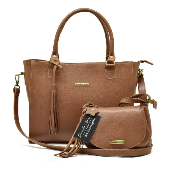 Bolsa Feminina Grande+ Mini Bolsa Couro Legitimo Cor Caramelo Foto 1