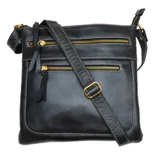 Bolsa Feminina Preta Transversal Grande Couro Legítimo Madamix Foto mini 1