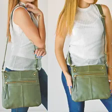 Bolsa Feminina Transversal MĂ©dia Verde Escuro Militar Couro LegĂtimo Madamix Foto mini 2