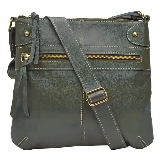 Bolsa Feminina Transversal MĂ©dia Verde Escuro Militar Couro LegĂtimo Madamix Foto 1