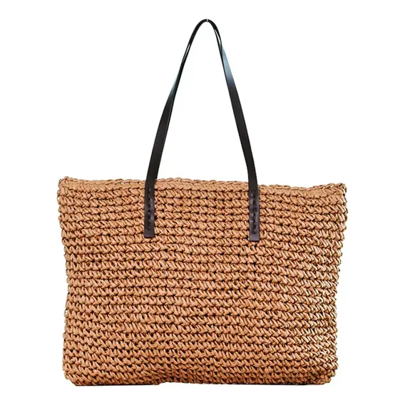Bolsa Palha Quadrada Forrada Primavera Verão Alça Cor Bege E Foto 1