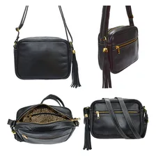 Bolsa Pequena Feminina Preta Transversal Couro Legítimo Madamix Foto mini 3