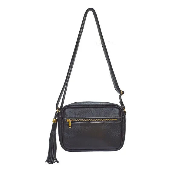 Bolsa Pequena Feminina Preta Transversal Couro Legítimo Madamix Foto 1