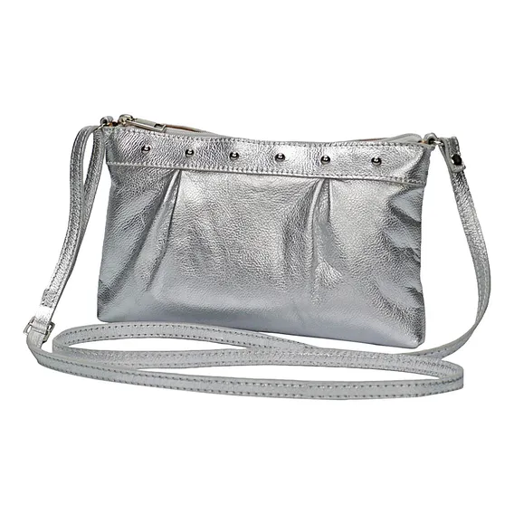 Bolsa Prata Prateada Silver Transversal Feminina Couro Legítimo Madamix Foto 1