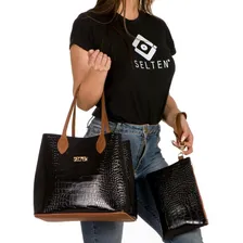 Bolsa Sacola De Ombro Feminina Com Necessaire Selten Cor Preto Foto mini 4