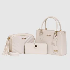 Bolsa Transversal Media E Bolsa Pequena Com Carteira Feminina Creme Selten Foto  mini 1