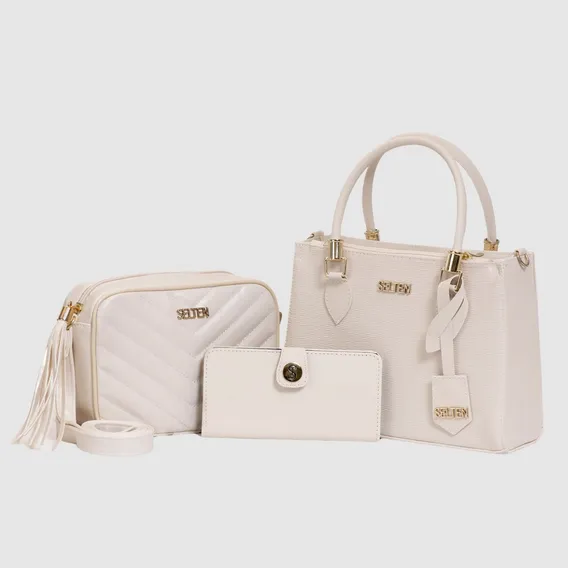 Bolsa Transversal Media E Bolsa Pequena Com Carteira Feminina Creme Selten Foto 1