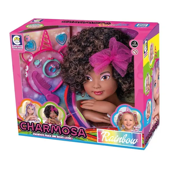 Boneca Charmosa Busto Rainbow Negra Unicórnio Cotiplás 2579 Foto 1
