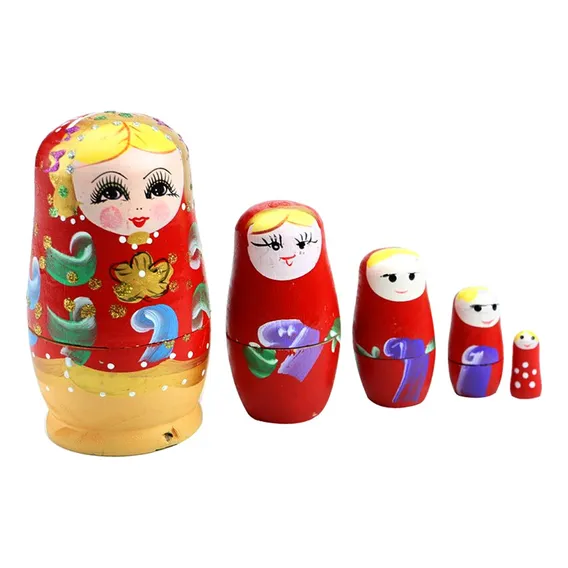 Boneca Matryoshka Russa Matriosca 5 Peças Madeira Cor Vermelho Foto 1