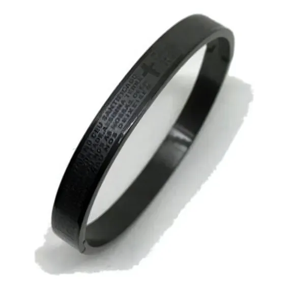 Bracelete Aço Pai Nosso Pulseira Masculina Stell 316l Preto Foto 1