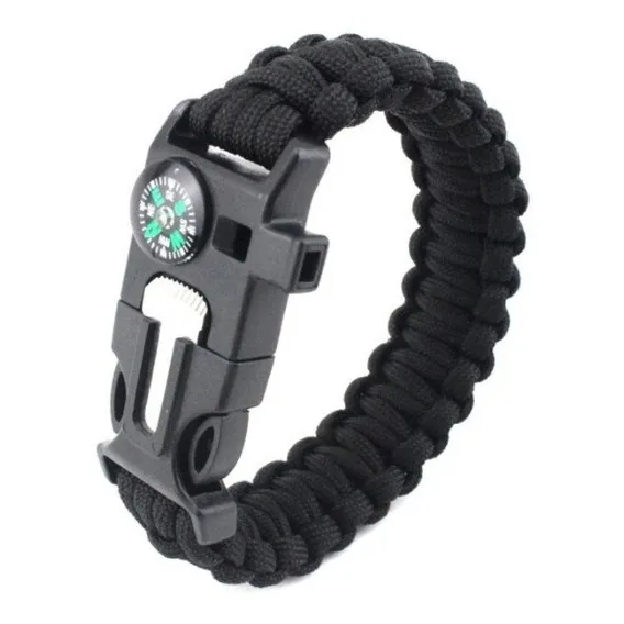 Bracelete Paracord Com Pederneira, Bússola Apito Cor Preto Foto 1