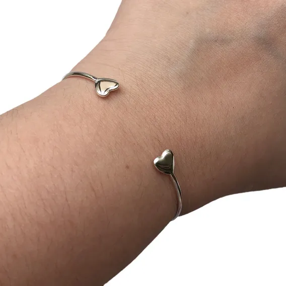 Bracelete Pulseira 2 Corações Regulável Prata Legítima Foto 1