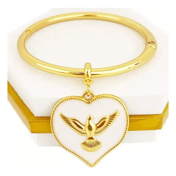 Bracelete Redondo Coração Branco Pomba Da Paz Folheado Ouro Foto 1