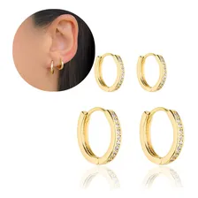 Brinco Argola 2 Furos Folheado A Ouro 18k Luxo Glamour Kit Foto  mini 1