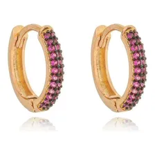 Brinco Argola Cravejada 2 Fileiras Banho Ros茅 Zirc么nia Pink Foto mini 1