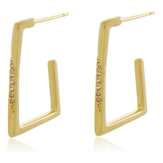 Brinco Argola Quadrada Pedras Zircônias Banhado Ouro 18k Foto 1
