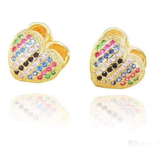 Brinco Argolinha Coração Com Mini Zirconias Coloridas Foto 1