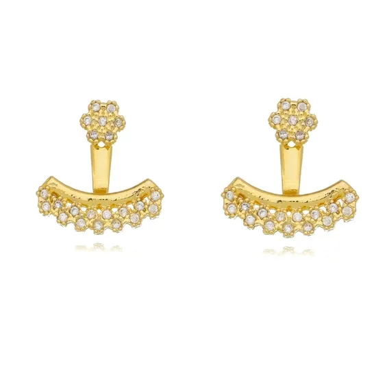 Brinco Com P茅rola E Micro Zirc么nias Folheado Em Ouro 18k Foto 1