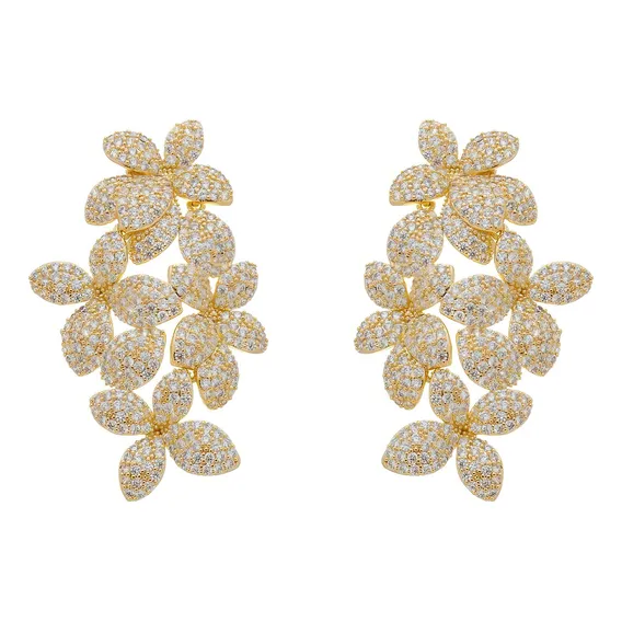 Brinco Flor Cravejado Ouro 18k/r贸dio Zirc么nia 4,7cm Foto 1
